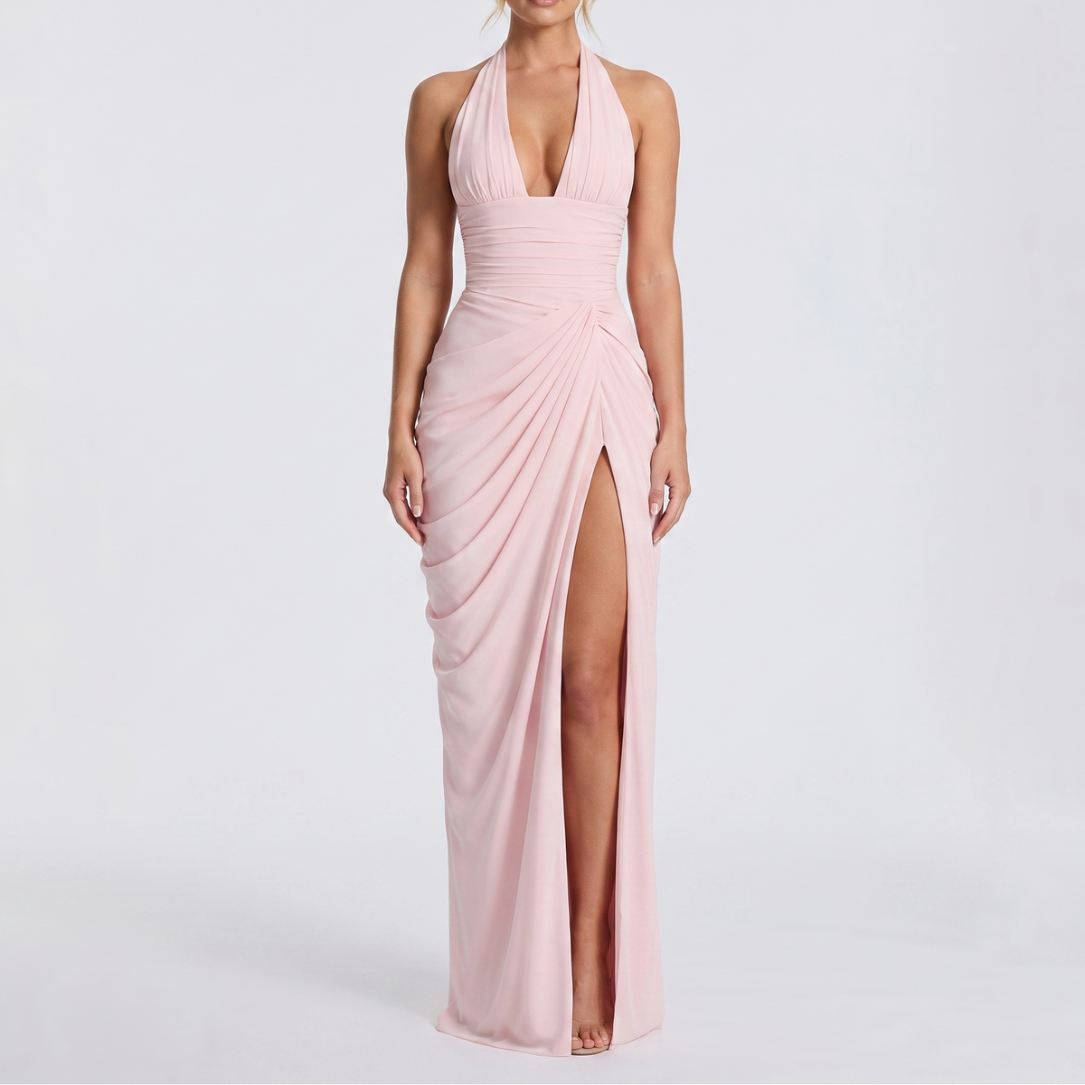 Women's Halter Neck Ruched Maxi Dress with High Slit