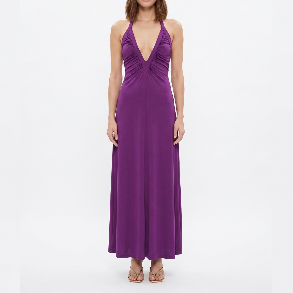 Women's Deep V Halter Neck Ruched A-Line Maxi Dress