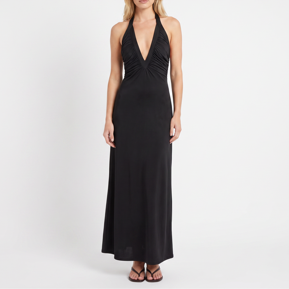 Women's Deep V Halter Neck Ruched A-Line Maxi Dress