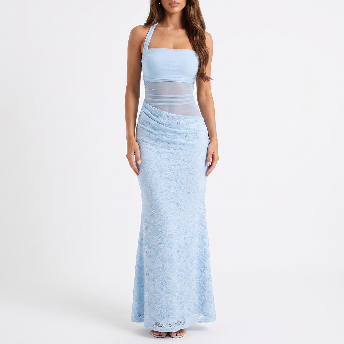 Women's Halter Neck Lace Panel Ruched Mermaid Maxi Dress