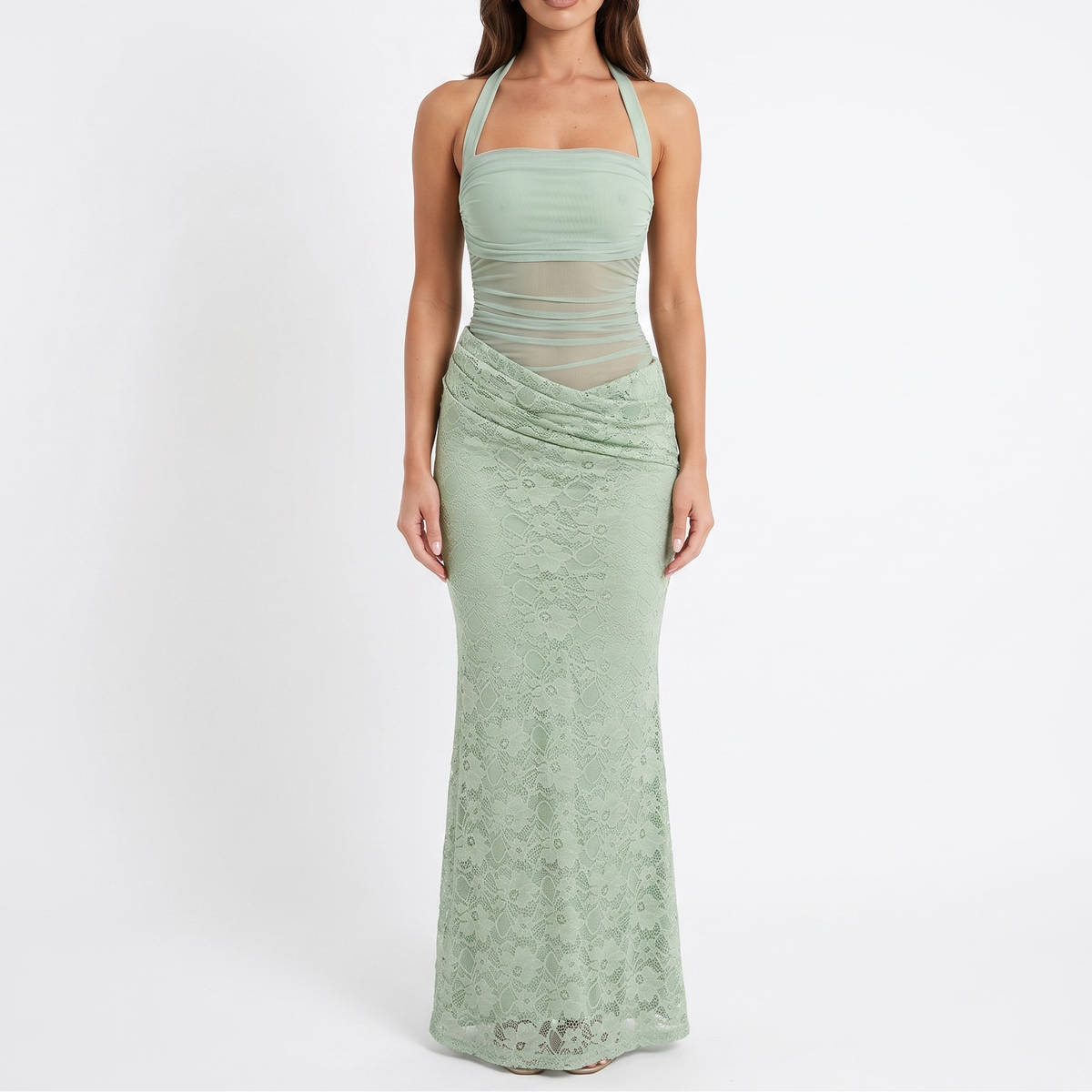 Women's Halter Neck Lace Panel Ruched Mermaid Maxi Dress