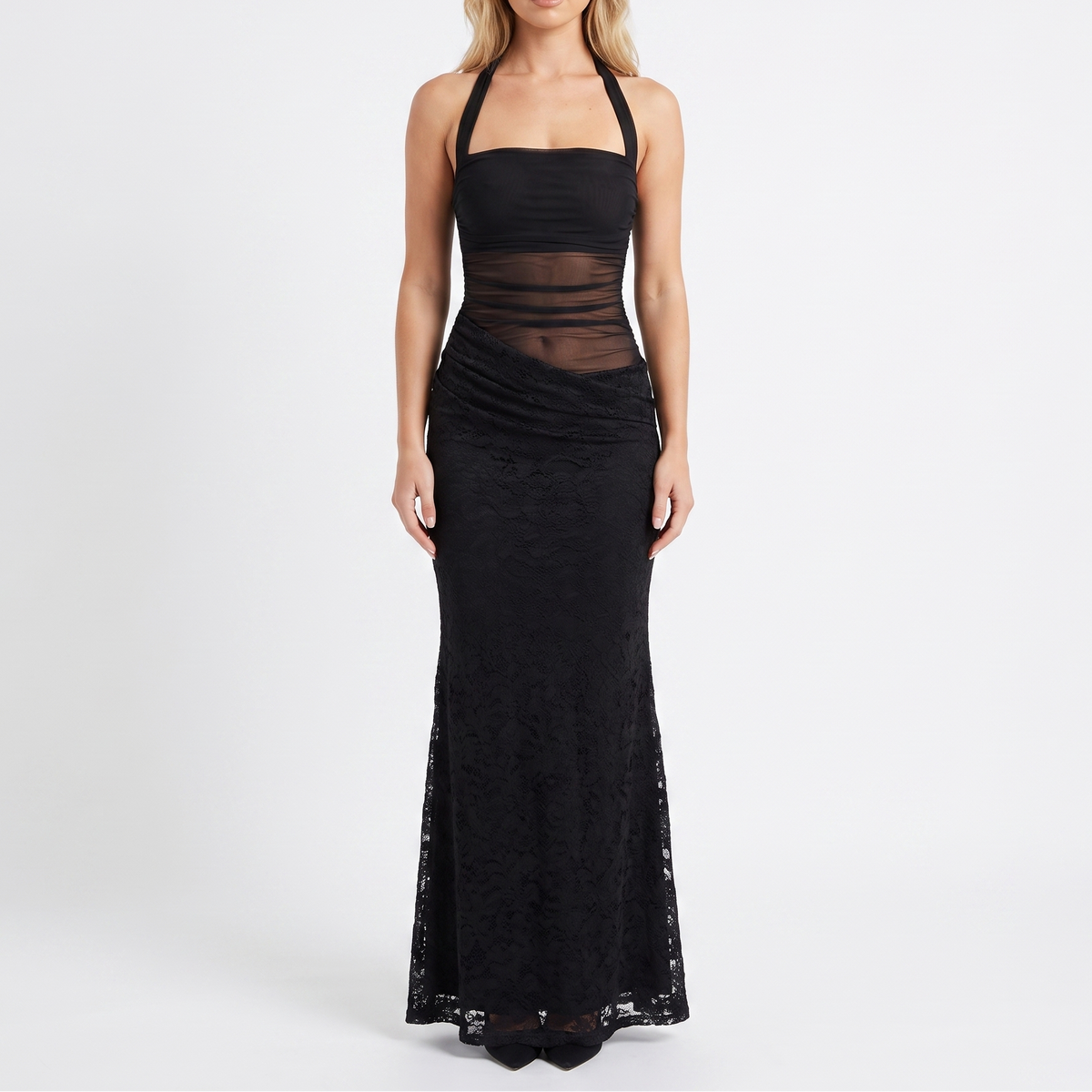 Women's Halter Neck Lace Panel Ruched Mermaid Maxi Dress