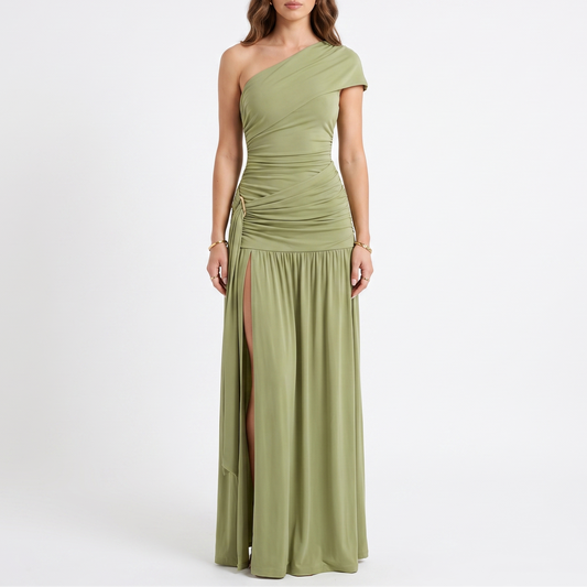 Women's One-Shoulder Ruched Maxi Dress with High Slit