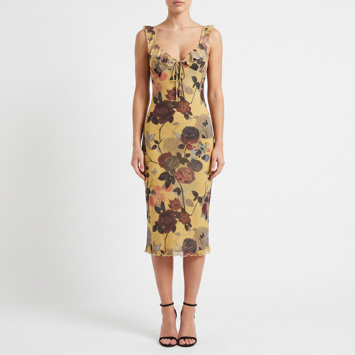 Women's Floral Print Ruffle Trim Slip Midi Dress