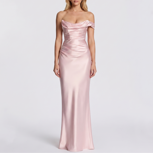 Women's Satin Off-Shoulder Ruched Bodycon Maxi Dress