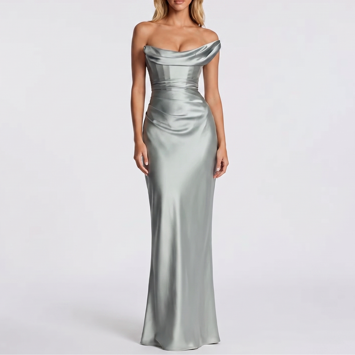 Women's Satin Off-Shoulder Ruched Bodycon Maxi Dress
