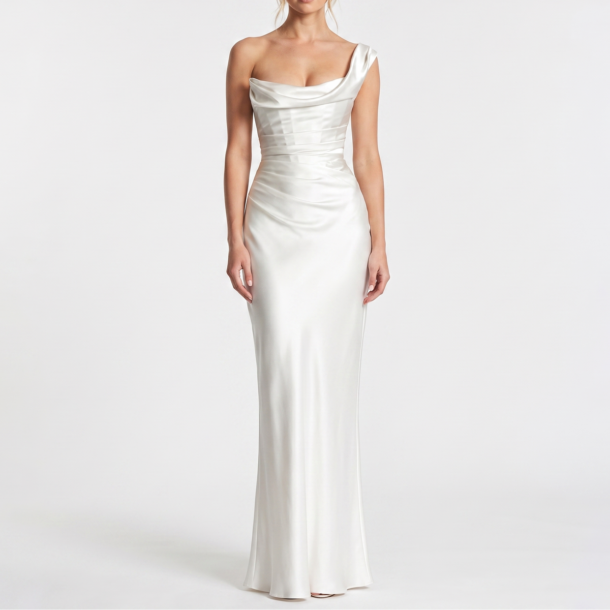 Women's Satin Off-Shoulder Ruched Bodycon Maxi Dress