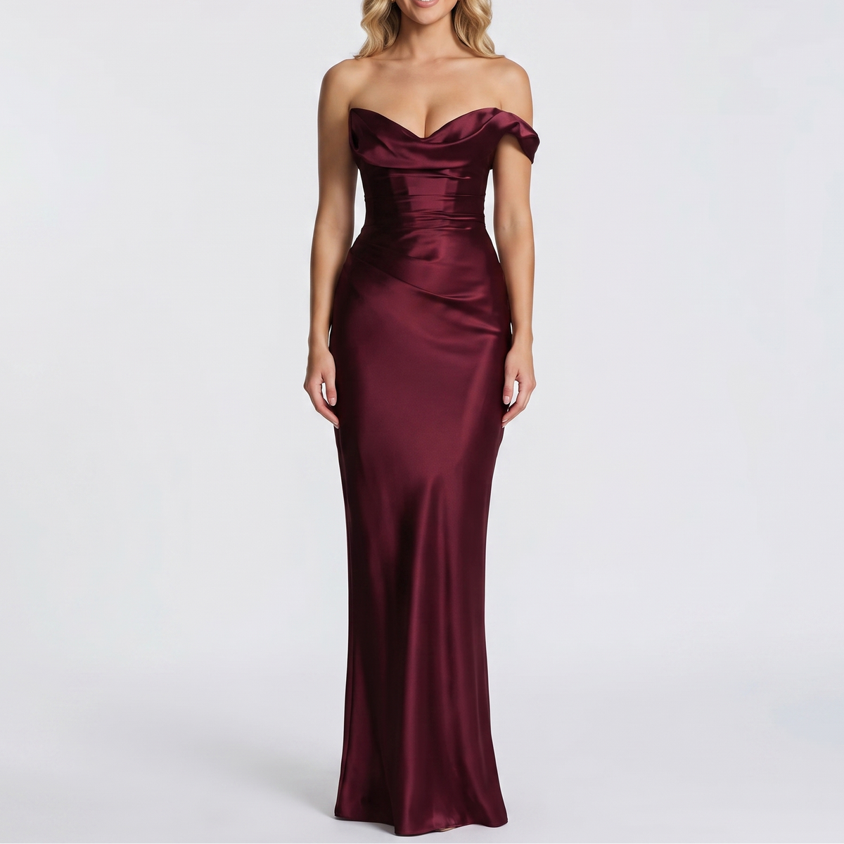 Women's Satin Off-Shoulder Ruched Bodycon Maxi Dress