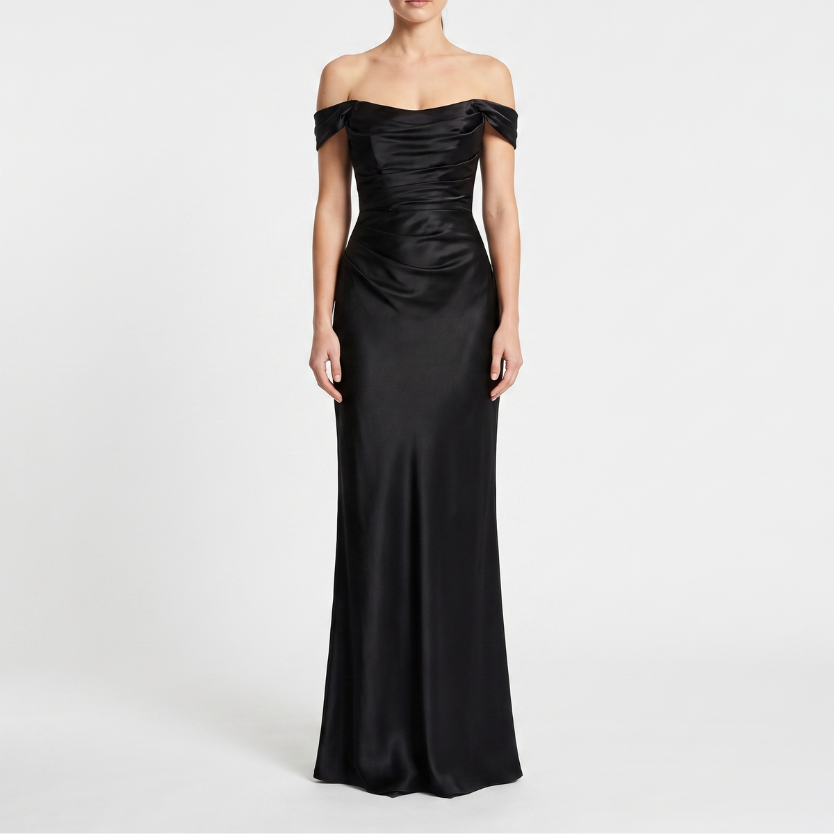 Women's Satin Off-Shoulder Ruched Bodycon Maxi Dress