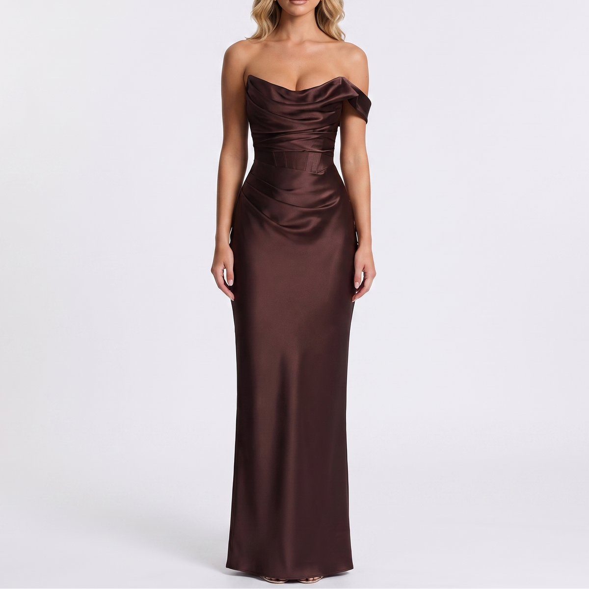 Women's Satin Off-Shoulder Ruched Bodycon Maxi Dress