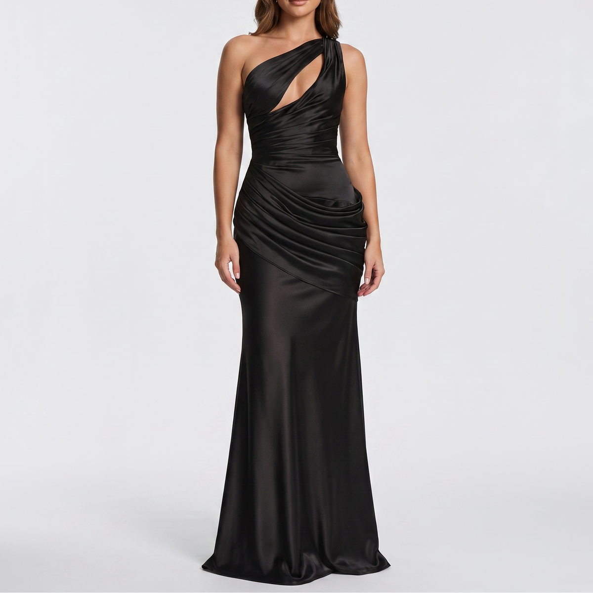 Women's Satin One-Shoulder Cutout Ruched Maxi Dress