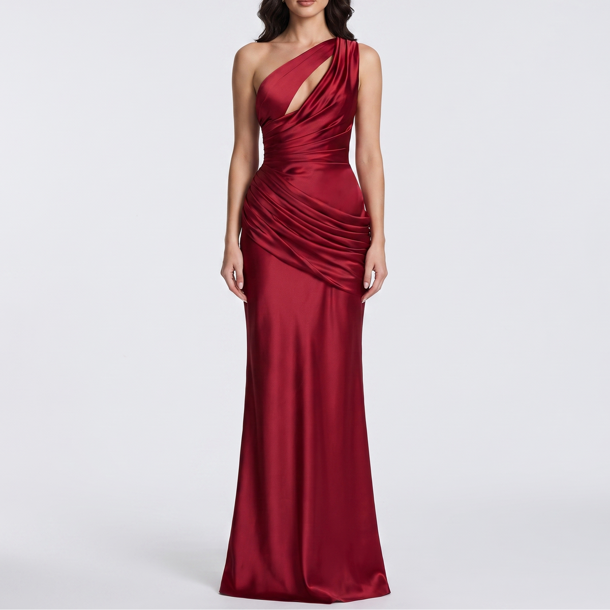 Women's Satin One-Shoulder Cutout Ruched Maxi Dress