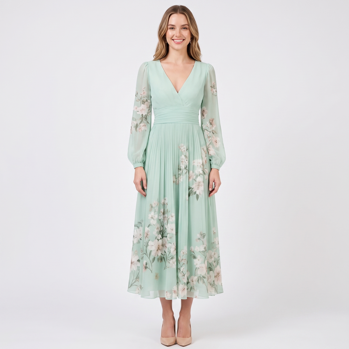 Women's Floral Midi Dress V Neck Long Sleeve Pleated Chiffon Formal
