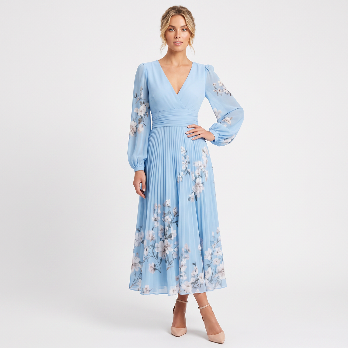 Women's Floral Midi Dress V Neck Long Sleeve Pleated Chiffon Formal