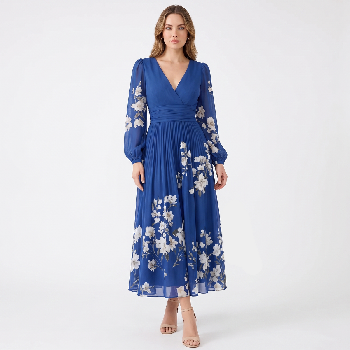 Women's Floral Midi Dress V Neck Long Sleeve Pleated Chiffon Formal