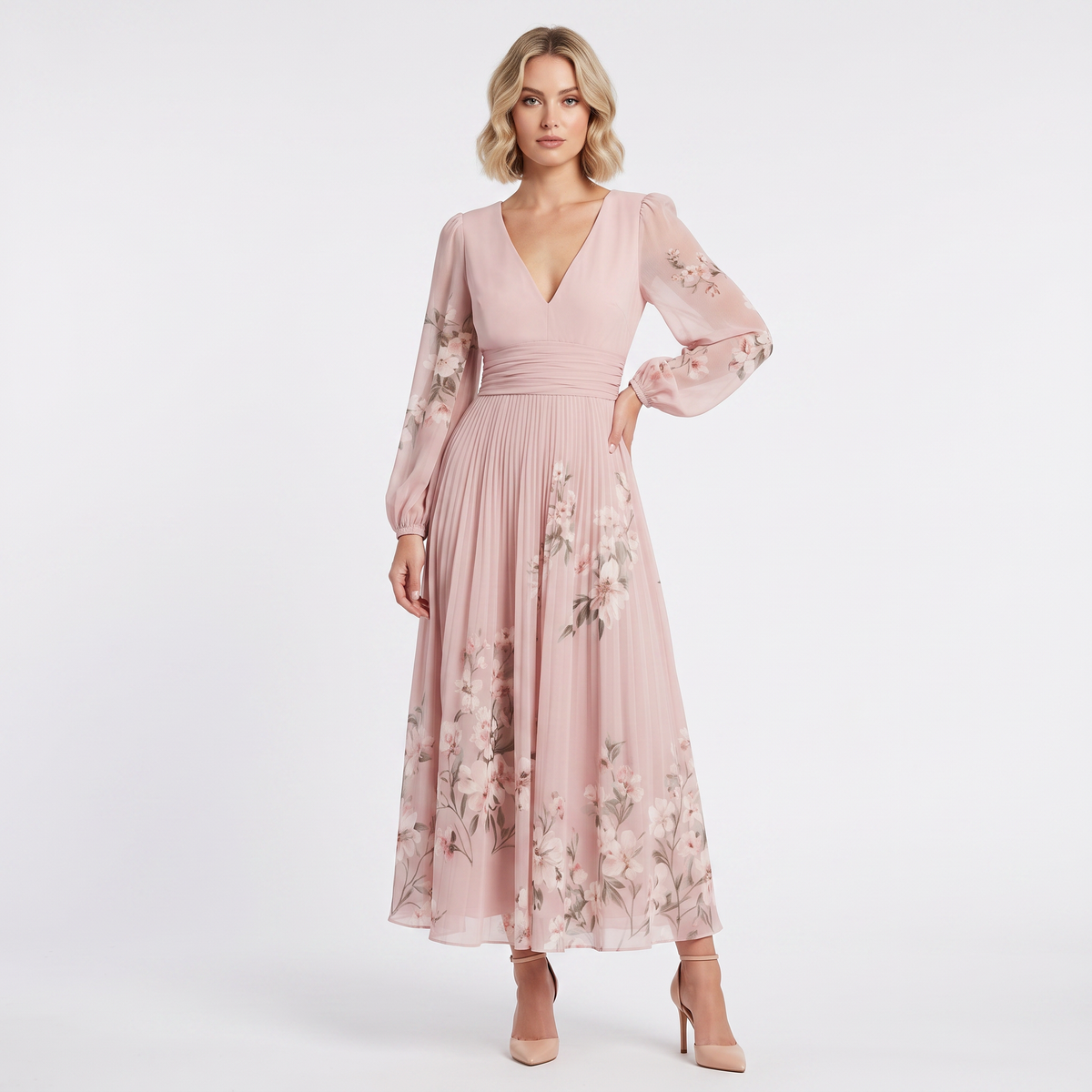 Women's Floral Midi Dress V Neck Long Sleeve Pleated Chiffon Formal