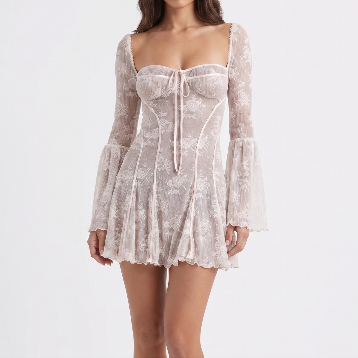 Women's Lace Mini Dress Long Flare Sleeve Corset Bodice Party