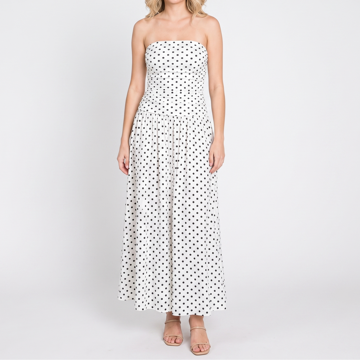 Women's Polka Dot Maxi Dress Strapless Ruched Bodice A Line Summer