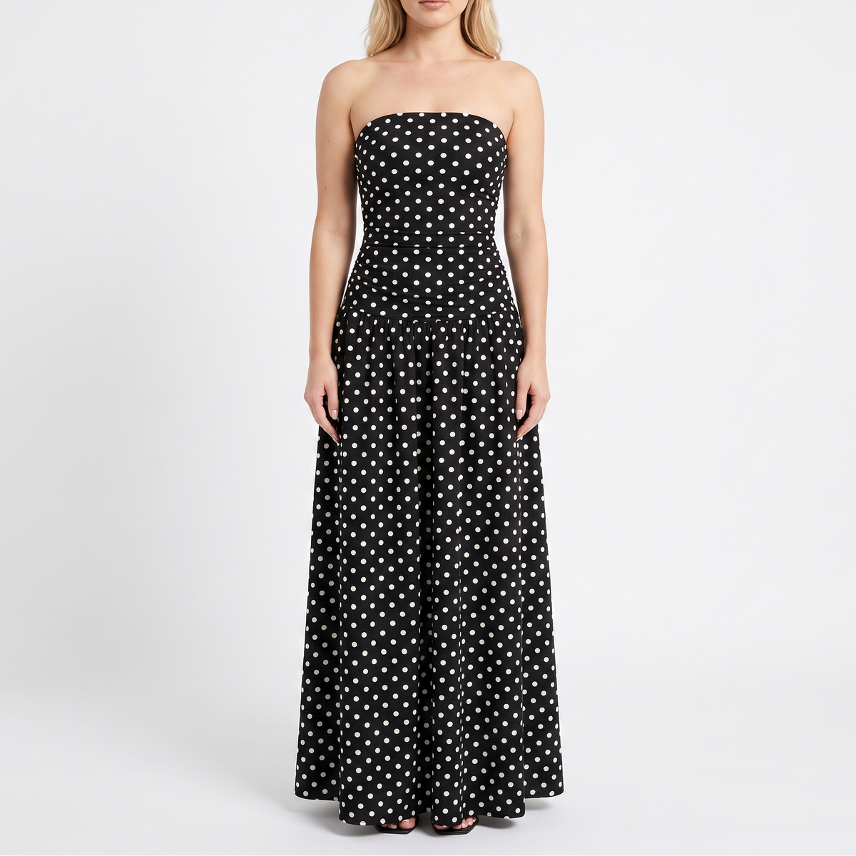 Women's Polka Dot Maxi Dress Strapless Ruched Bodice A Line Summer