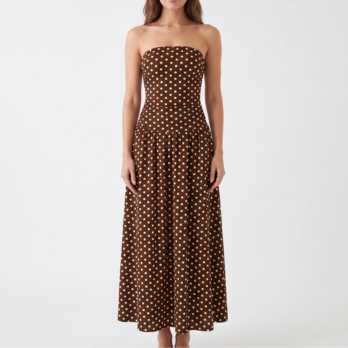Women's Polka Dot Maxi Dress Strapless Ruched Bodice A Line Summer