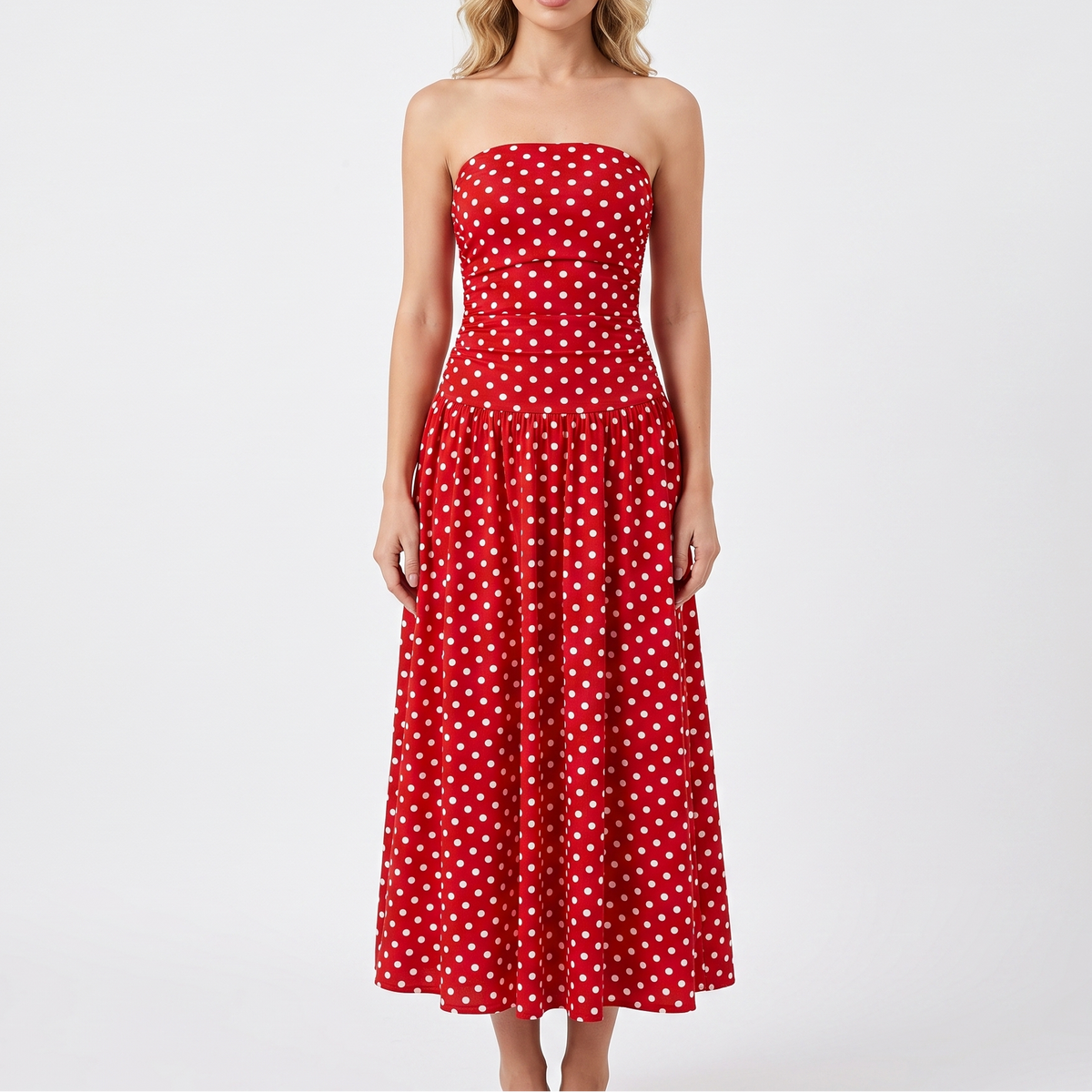 Women's Polka Dot Maxi Dress Strapless Ruched Bodice A Line Summer