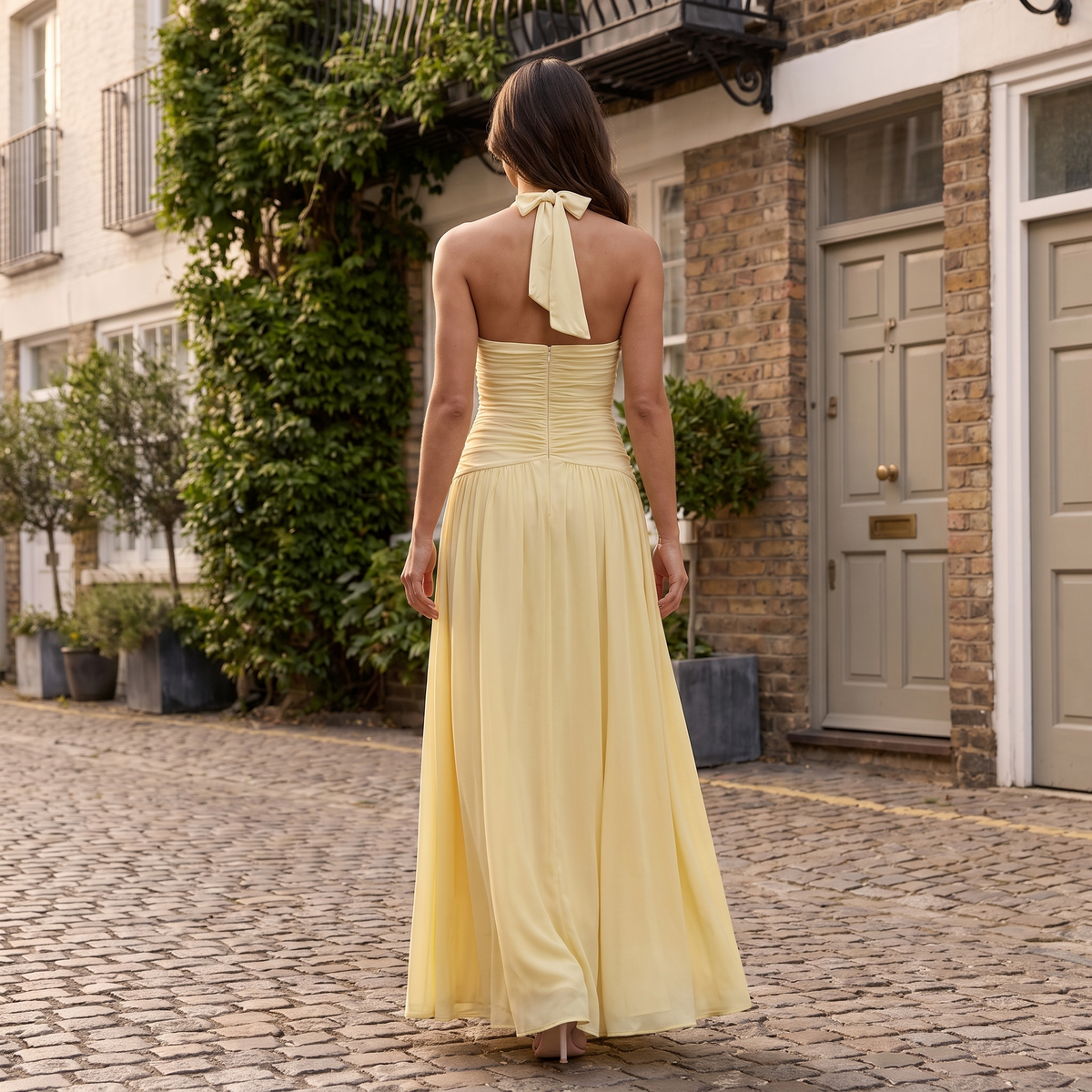 Women's Halter Neck Maxi Dress Ruched Waist High Slit Evening Gown