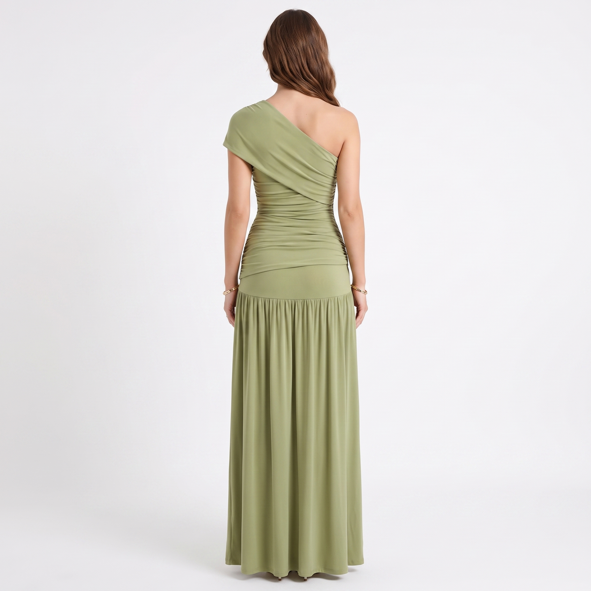 Women's One-Shoulder Ruched Maxi Dress with High Slit