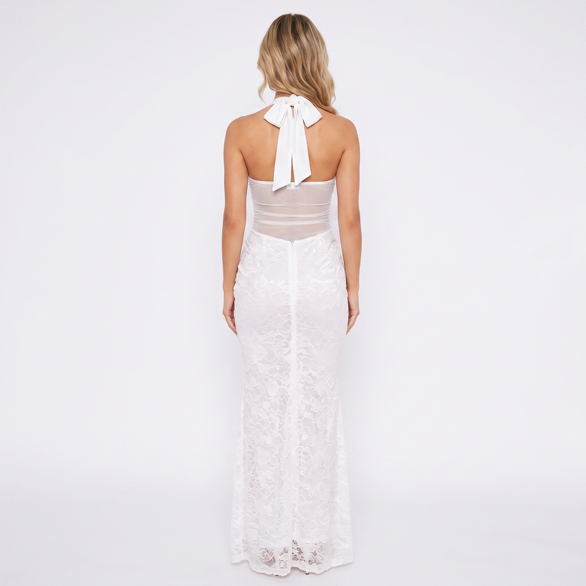 Women's Halter Neck Lace Panel Ruched Mermaid Maxi Dress