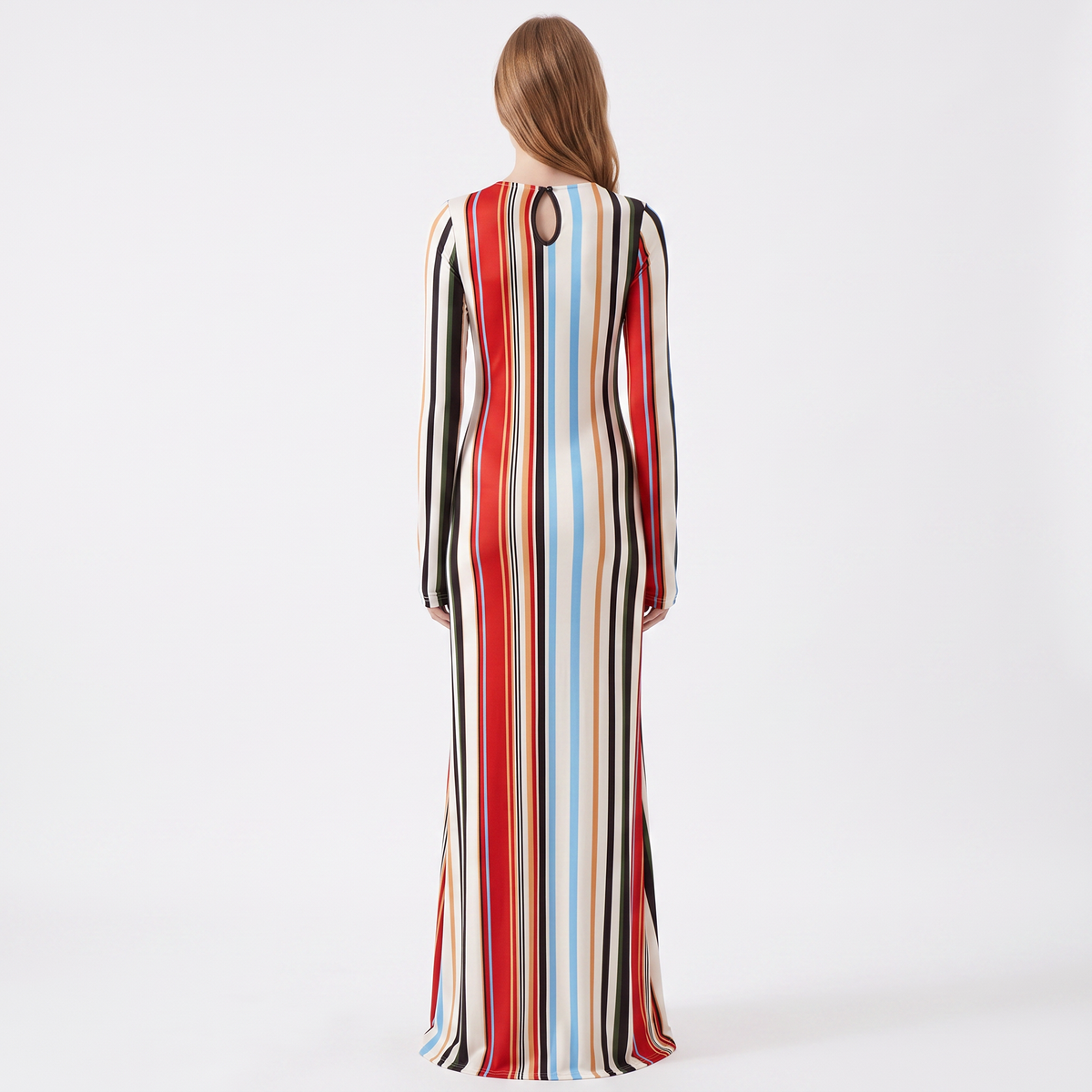 Women's Vertical Stripe Long Sleeve Maxi Dress Fitted Bodycon