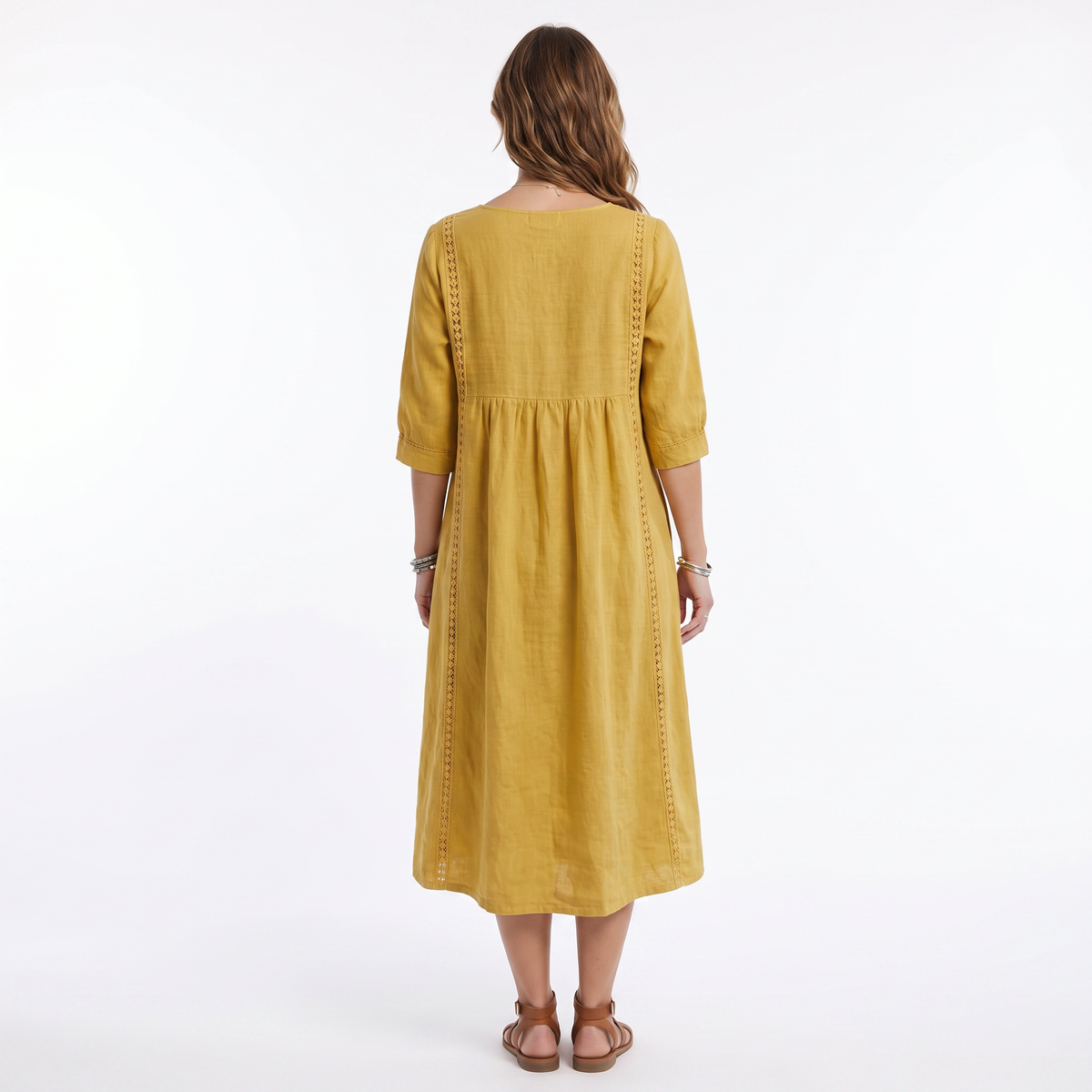 Women's Chambray Dress V Neck Three Quarter Sleeve Midi Pockets