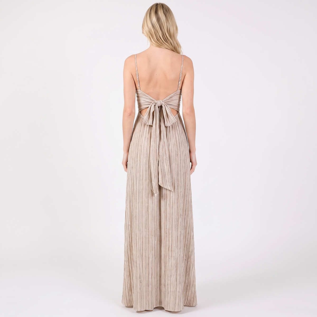 Women's Linen Maxi Dress Striped Tie Front Empire Waist Strappy