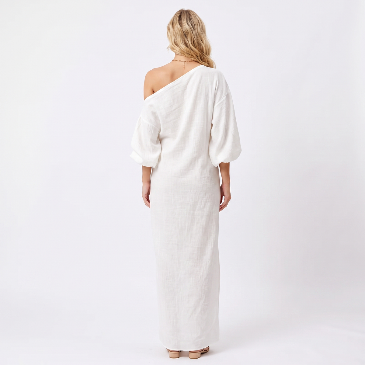 Women's Linen Maxi Dress One Shoulder Batwing Sleeve Oversized