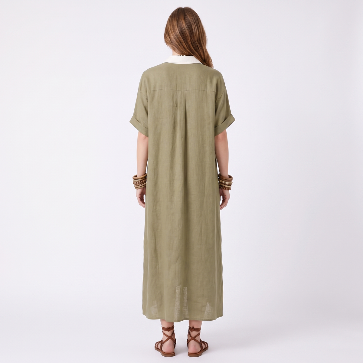 Women's Maxi Shirt Dress Long Sleeve Button Up Contrast Trim Kaftan