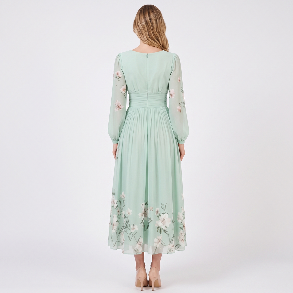 Women's Floral Midi Dress V Neck Long Sleeve Pleated Chiffon Formal
