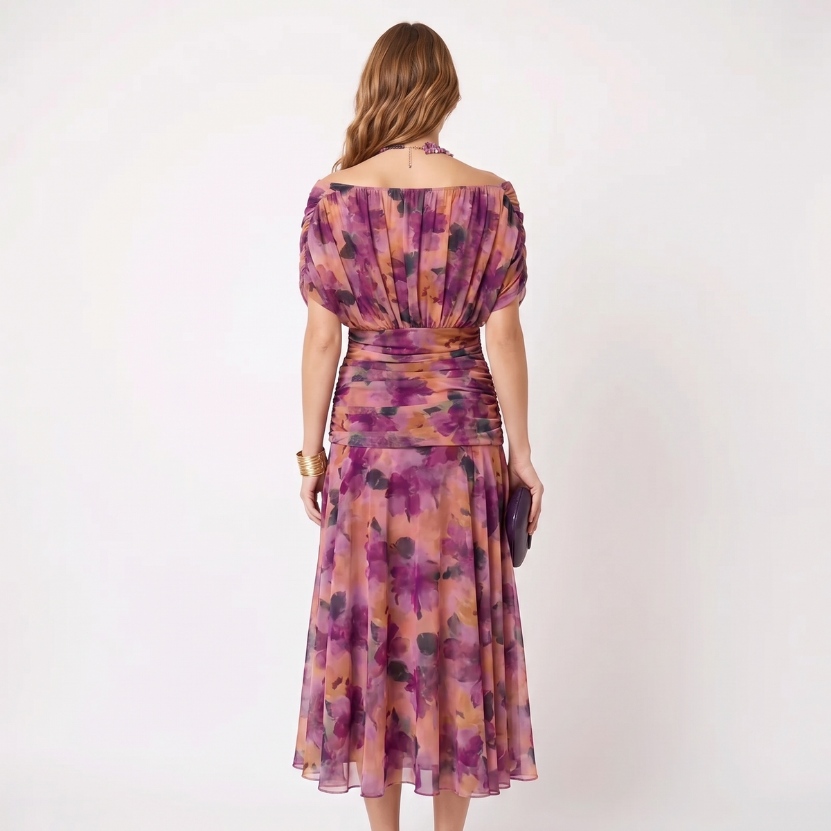 Women's Floral Midi Dress Off Shoulder Ruched Bodice Chiffon Formal
