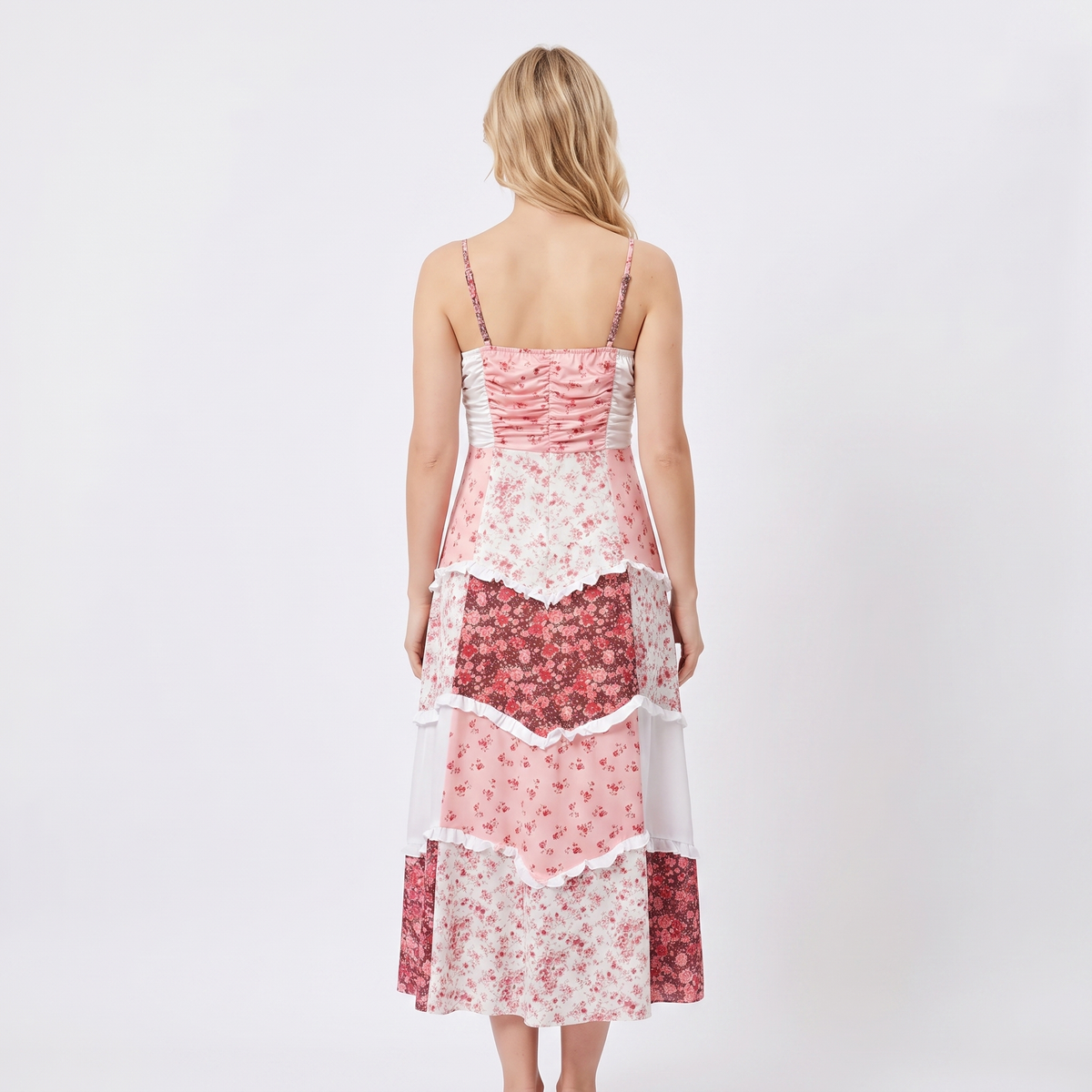 Women's Floral Midi Dress Tiered Skirt Ruched Bodice Boho Summer