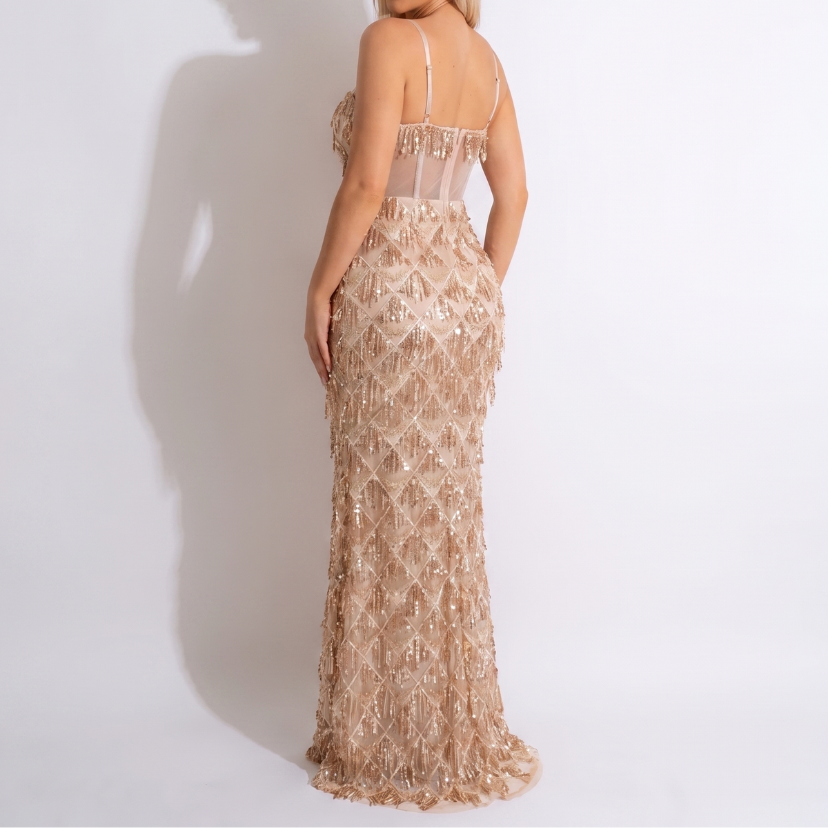 Women's Sequin Fringe Maxi Dress Corset Bodice Mermaid Formal