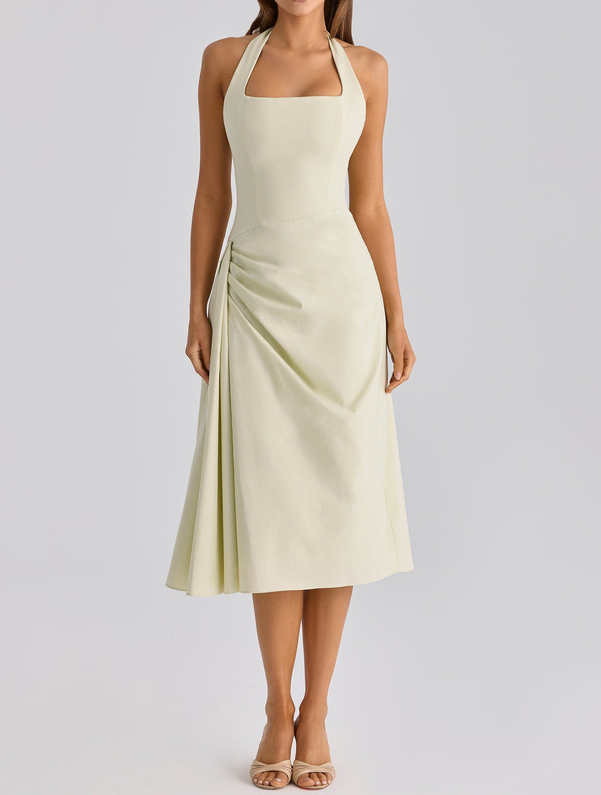 Women's Halter Neck Midi Dress Ruched Waist Square Neck Sleeveless