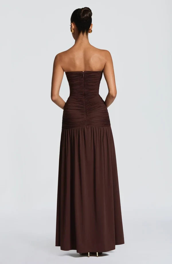Women's Strapless Maxi Dress Ruched Bodice Thigh Split Evening