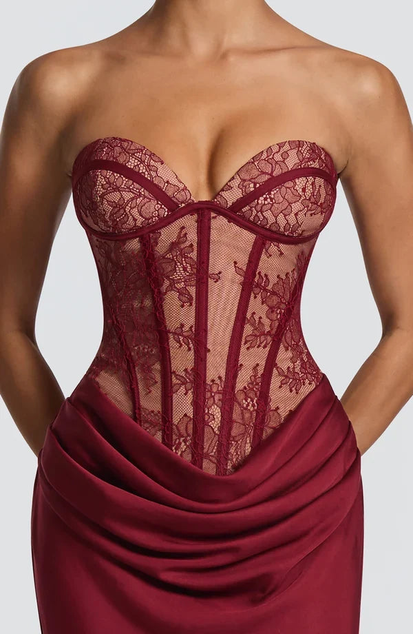 Women's Strapless Lace Corset Draped Maxi Dress with Slit