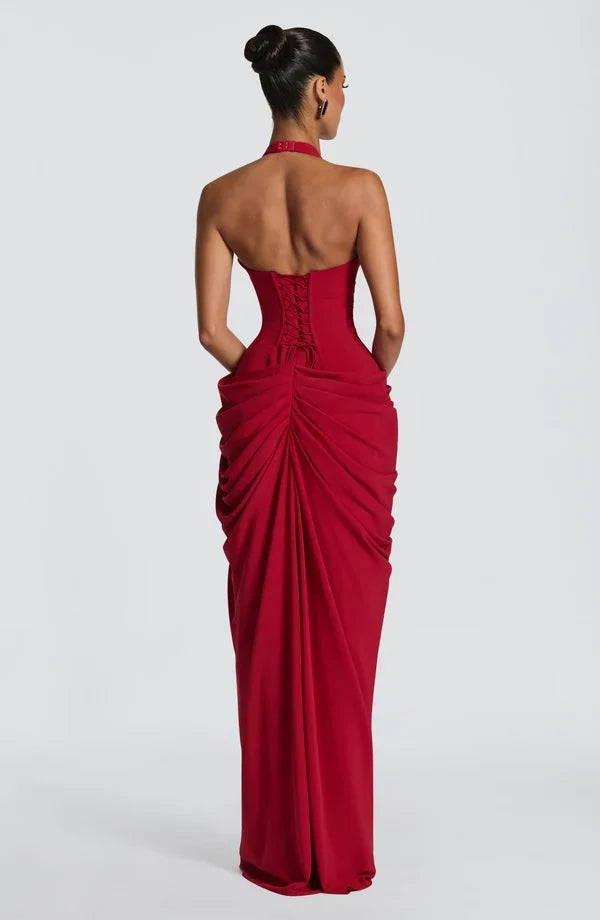 Women's Halter Neck Ruched Maxi Dress with High Slit