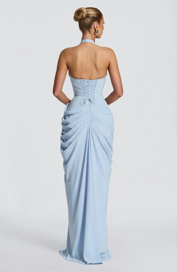 Women's Halter Neck Ruched Maxi Dress with High Slit