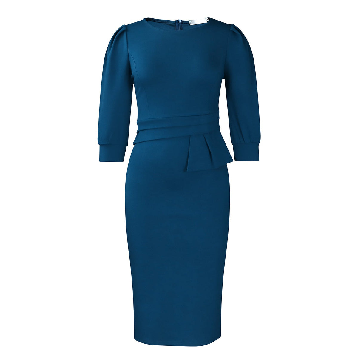 Women's Corporate Work Dress – Peplum Pencil Midi 3/4 Sleeve Structured