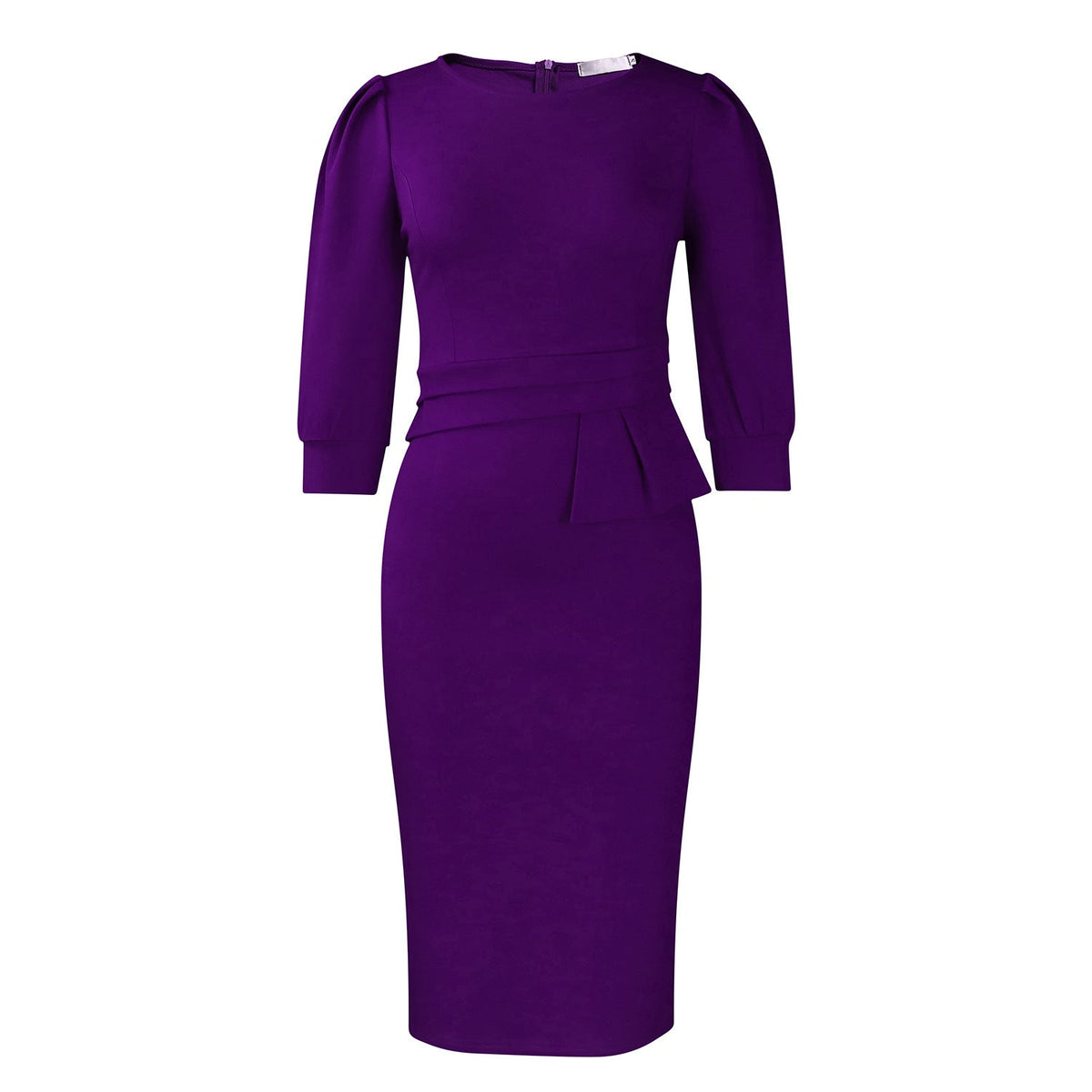 Women's Corporate Work Dress – Peplum Pencil Midi 3/4 Sleeve Structured