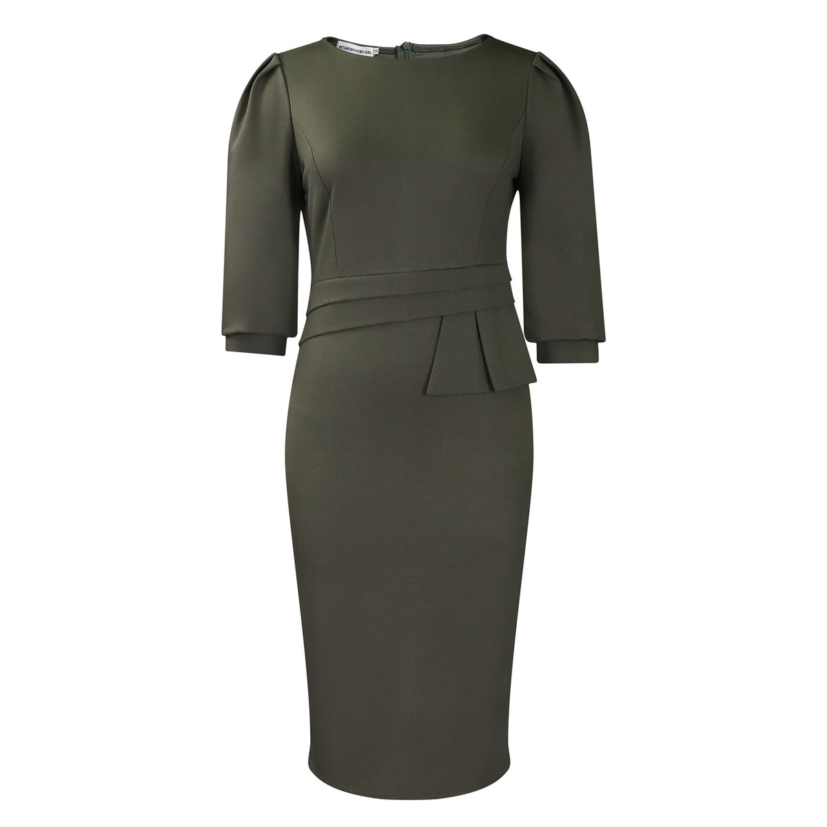 Women's Corporate Work Dress – Peplum Pencil Midi 3/4 Sleeve Structured