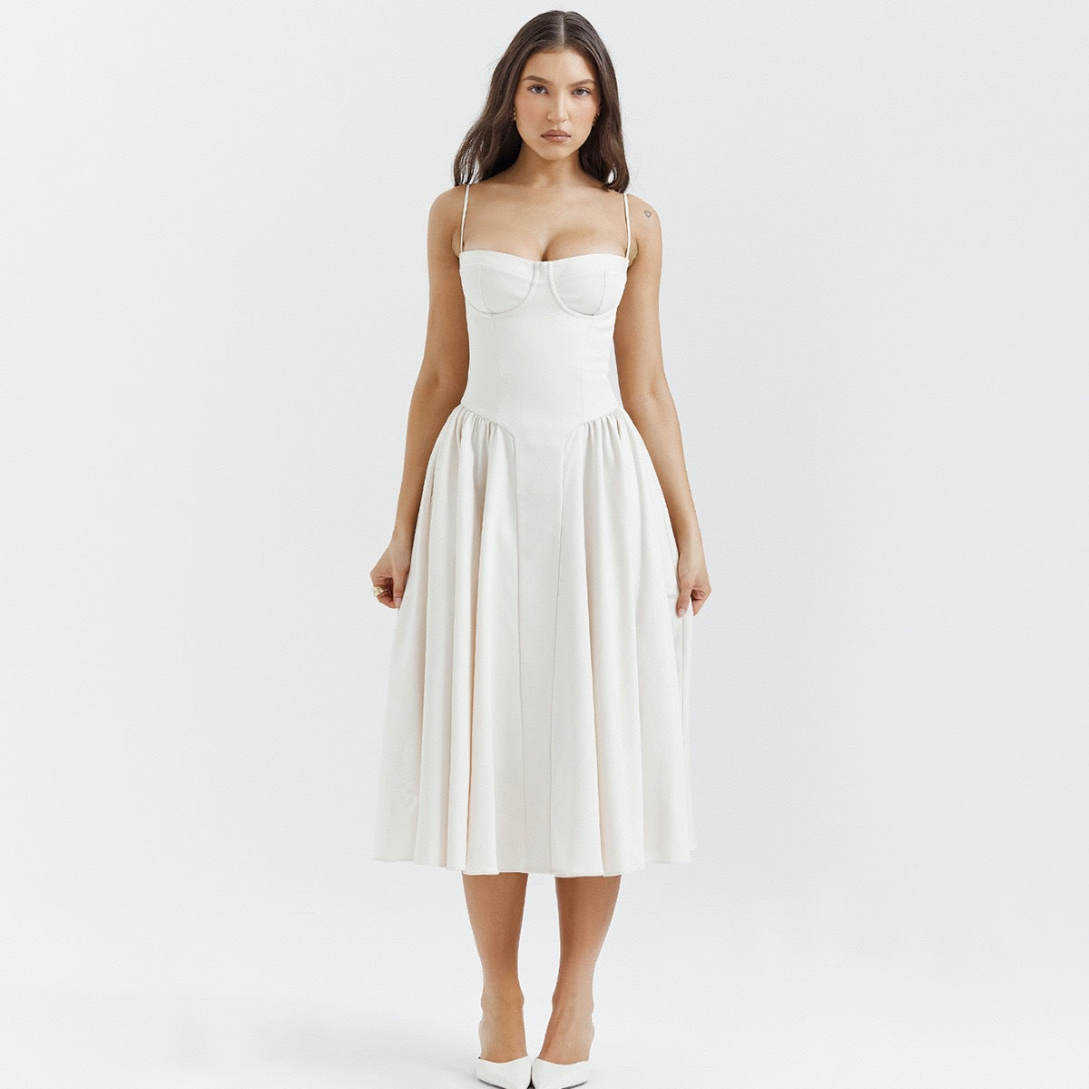 Women's Corset Midi Dress Bustier Bodice Fit and Flare Cocktail