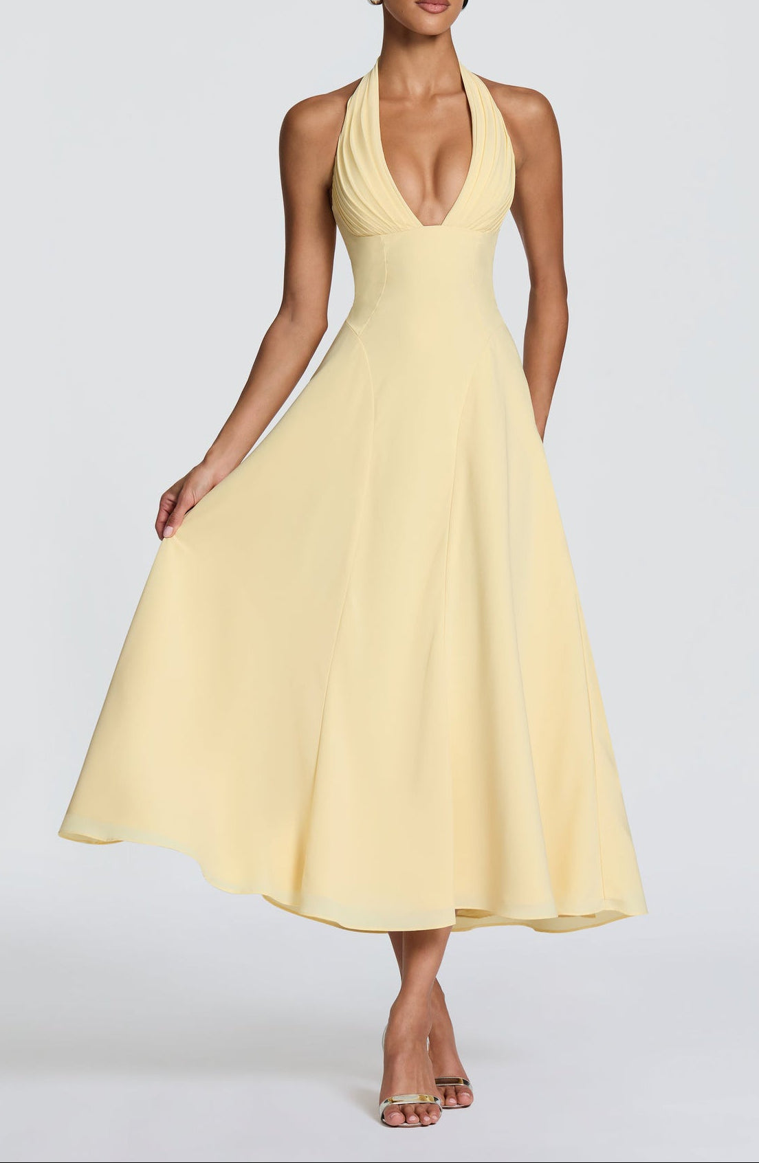 Women's Halter Deep V-Neck Pleated Fit and Flare Midi Dress