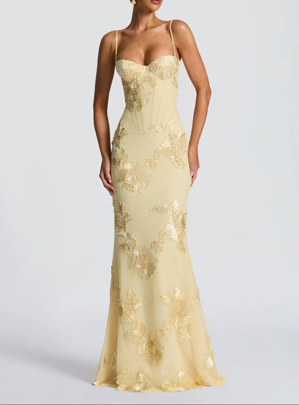 Women's Embroidered Corset Bodice Spaghetti Strap Mermaid Maxi Dress