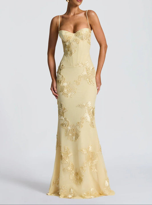 Women's Embroidered Corset Bodice Spaghetti Strap Mermaid Maxi Dress