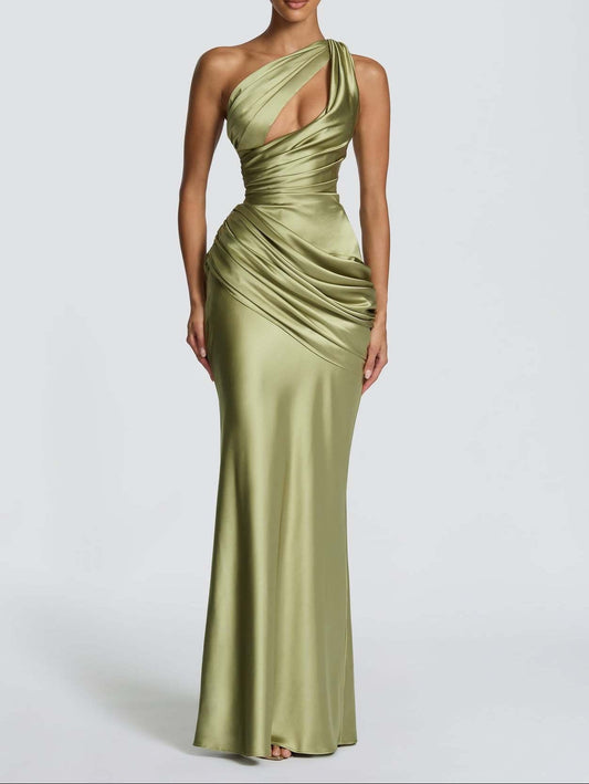 Women's Satin One-Shoulder Cutout Ruched Maxi Dress